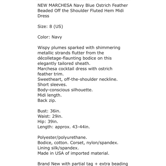 MARCHESA Navy Ostrich Feather Off Shoulder Dress 8 - Picture 12 of 12